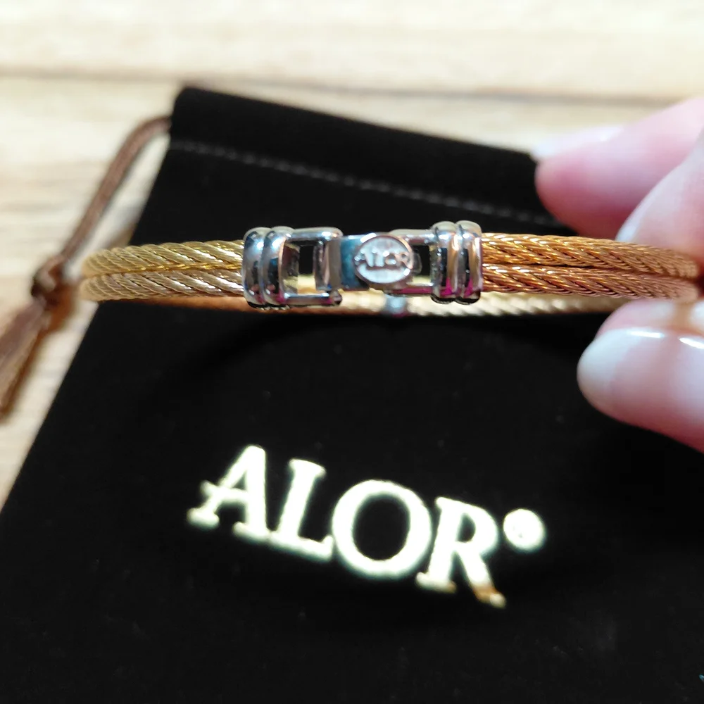ALOR Double Row Stainless Steel Cable, 18K White Gold and Diamond Bracelet - Picture 3 of 3